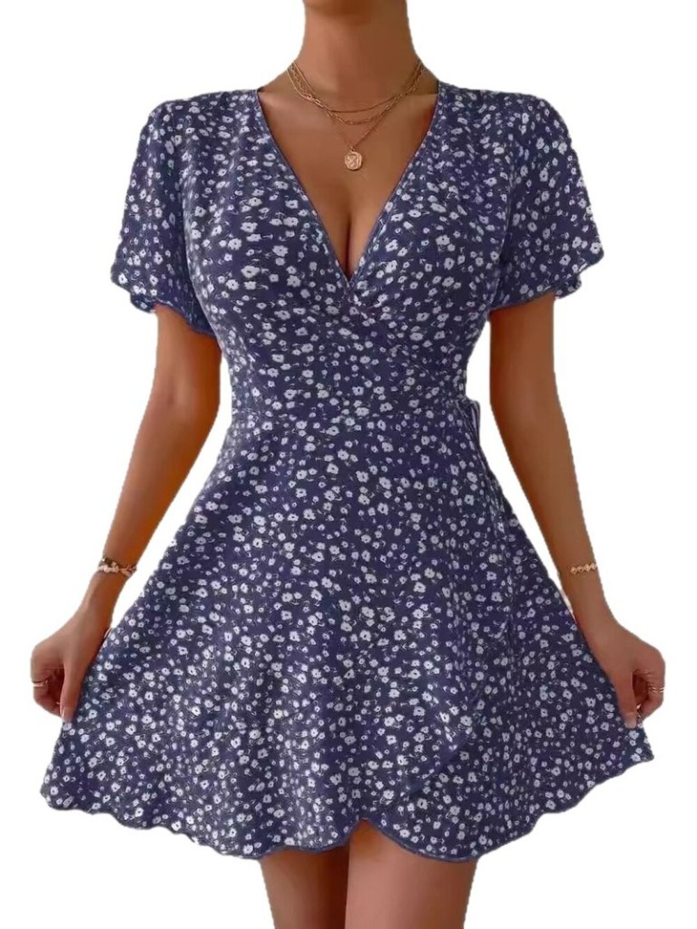 Women's Purple Floral V-Neck Short-Sleeve Tie-Waist Mini Dress